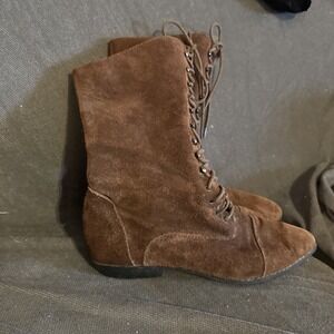 Women's Granny Victorian Style Suede Brown Flat Boots Size 8.5
